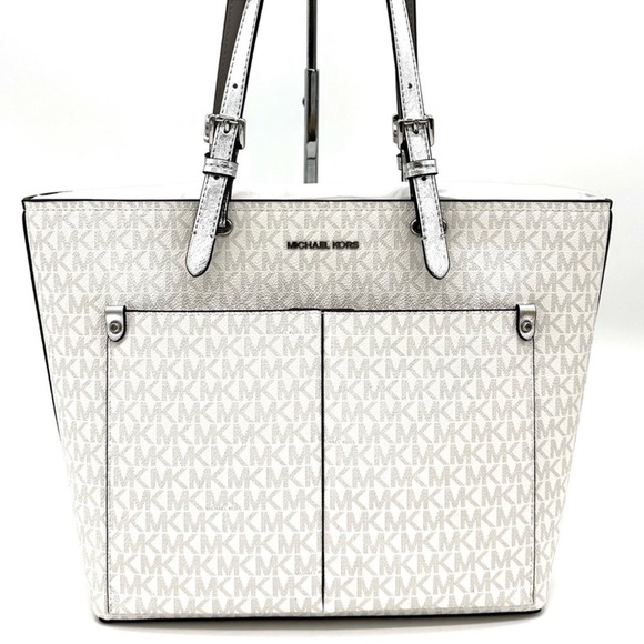 Michael Kors Handbags - Michael Kors Jet Set Medium Logo Pocket Tote Bag Vanilla/Grey